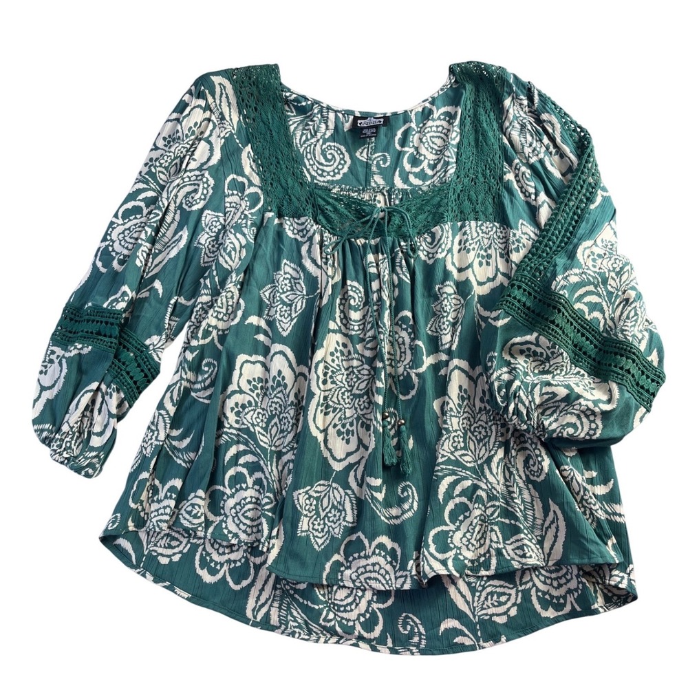 Angie Boho Floral Paisley Lace Trim Peasant Green Blouse Top sz 1X Flowy Gypsy